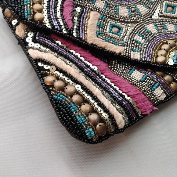 EUC Multicolored Handmade India Glass Beaded Boho Cotton & Leather Snap Clutch - Picture 5 of 13